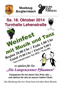 Weinfest mit Musik und Tanz am 18.10.2014 in der Turnhalle Lehenstraße. Es spielen für Sie "Die Langenzenner Pflaumen"